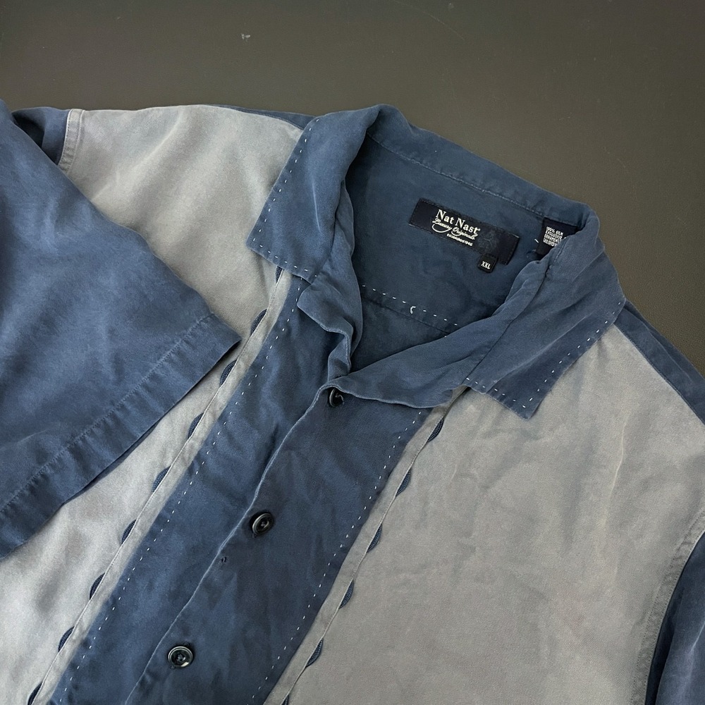Nat Nast Silk Shirt Mens XXL Blue Gray Button Up Short Sleeve Rockabilly Bowling